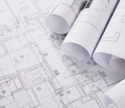 Plans of building. Architectural project background. Floor plan designed building on drawing, copy space